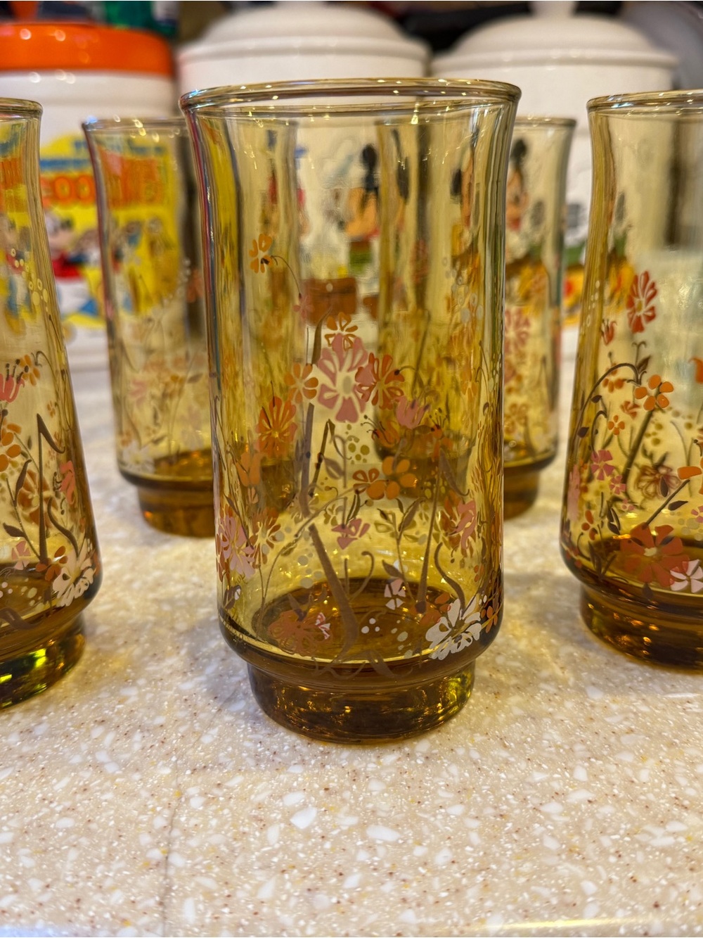Vintage Amber Spring Floral Glass Tumblers Set Drinking Glasses
